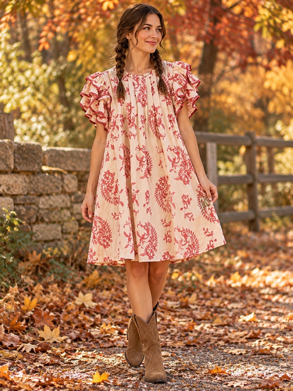 Umgee Cream Dress with Red Paisley Print and Ruffled Sleeves